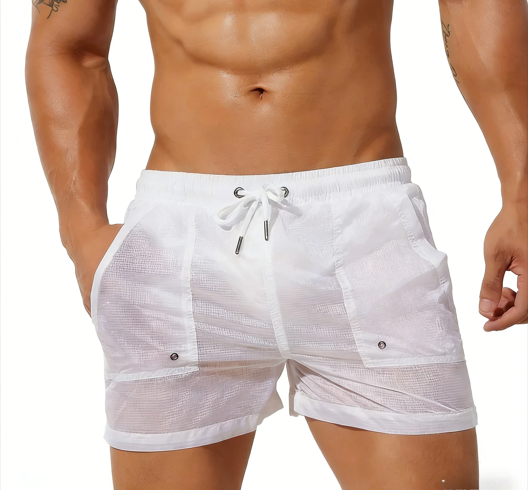

Summer Men's Beach Board Shorts Mesh Lined Thin Light Semi-transparent Quick Dry Gym Joggers Sports Trunk Pocket Casual Homewear