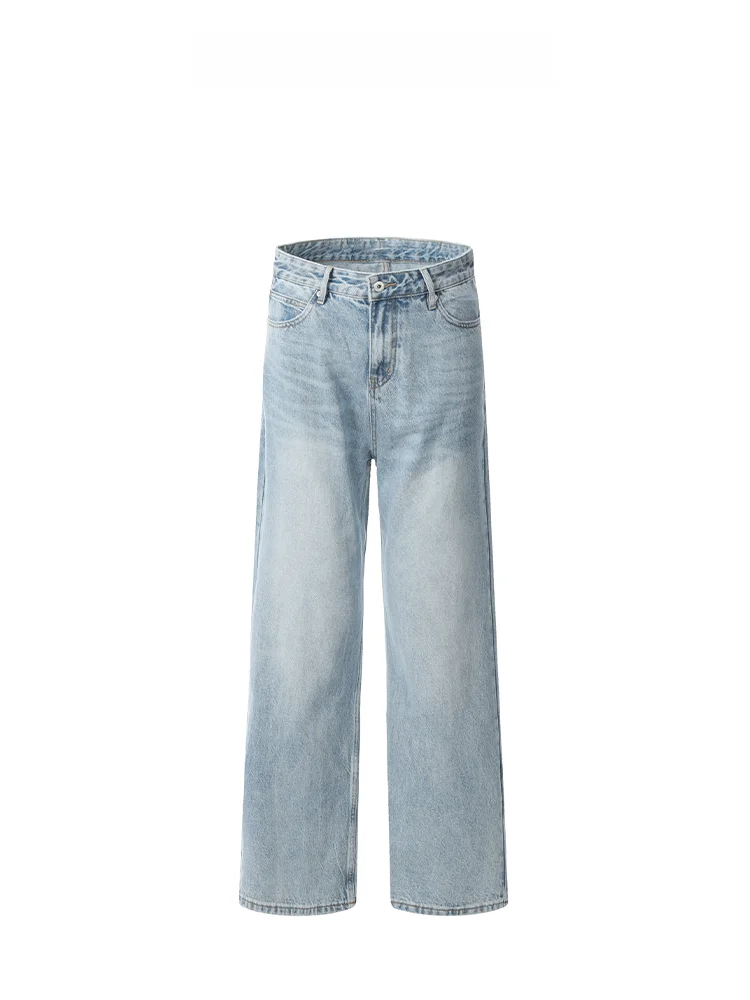 

American Sle Straight Leg Jeans Casual Loose Wide Leg Long Trousers for Men And Women Retro Blue Cotton Polyester Blend