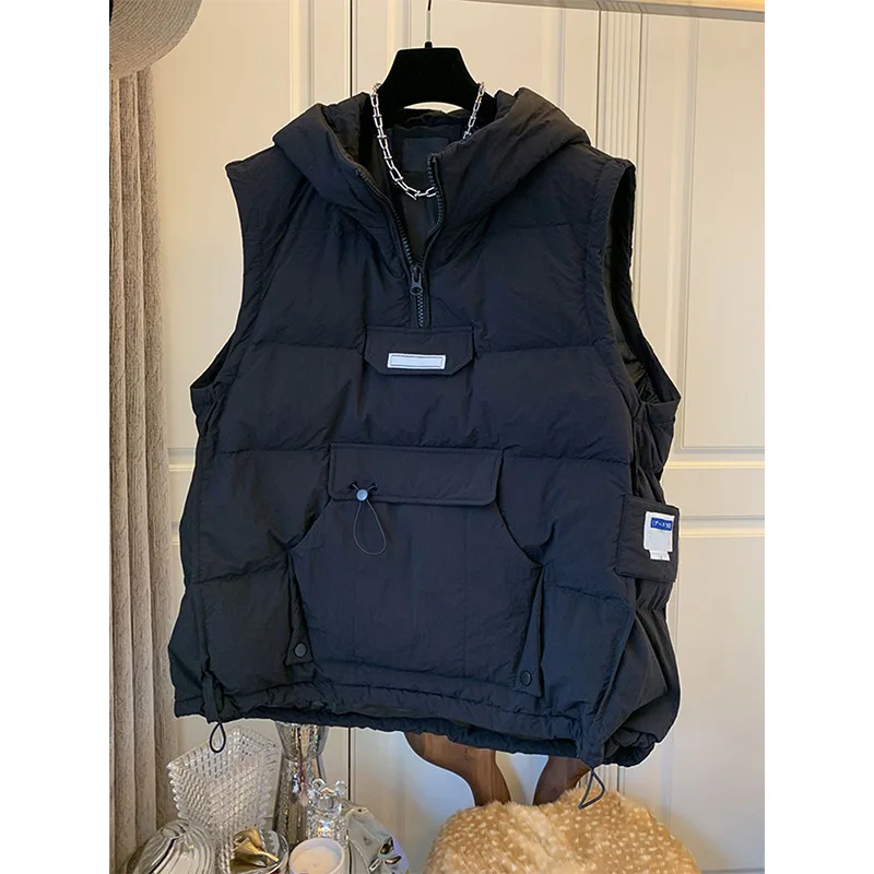Large Size 300 Pounds Sleeveless Hooded down Vest Women's Autumn Winter Outerwear Fleece Lined Warm Cotton Jacket Zipper Closure