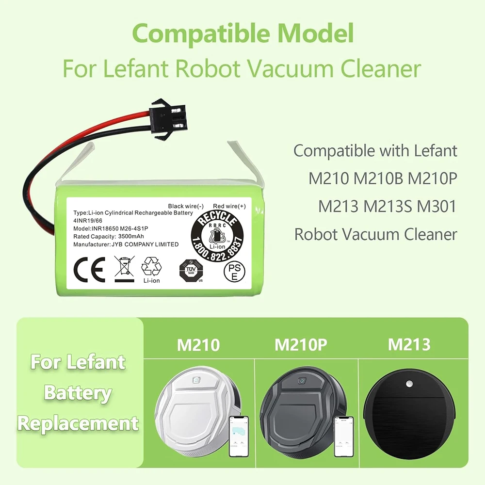 

3500mAh 14.4V Rechargeable Li-ion Battery Replacement Compatible with Lefant M210 M210B M210P M213 M213S M301 Vacuum Cleaner
