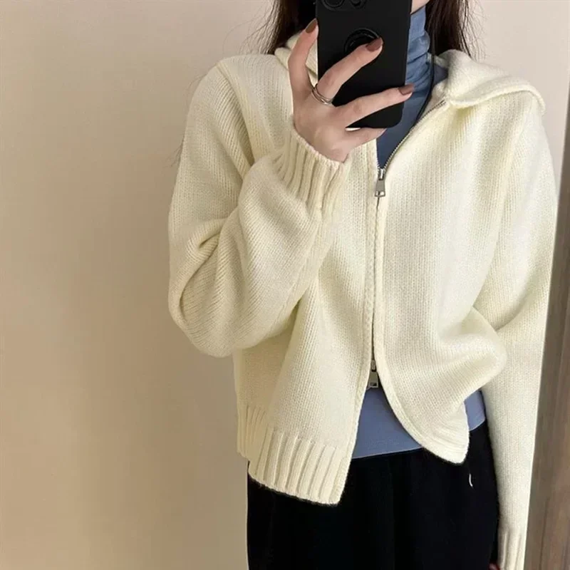 Vintage Solid Color Zipper Hooded Sweater Women Korean Style Knit Tops Hoodies Casual Female Long Sleeves Cardigan Knitwear