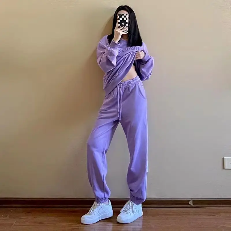 Women\'s 2026 New Purple Sports Suit Spring And Autumn Casual Fashion Style Loose Long Sleeve Sweater Tops Pants 2 Two Piece Set
