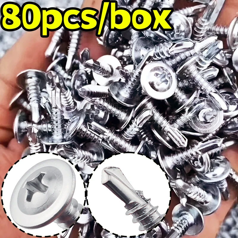 

80Pcs Box 410 Stainless Steel Drill-Snail Self-Tapping Screws Fully Threaded Truss Head Phillips Fastener Hardware DIY