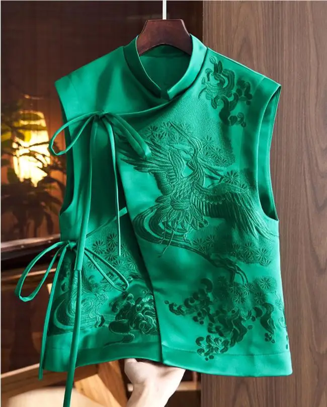 New Arrived Sleeveless Outerwear Jacket Retro Crane Embroidery Lace Up Vest Female Spring And Summer Chinese Style Waistvest