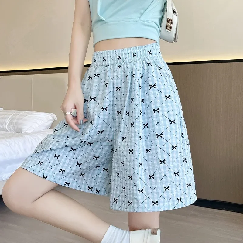 Plaid Elastic Waist Sports Shorts Women Korean Style Casual Wide-legged Pants Fashion Versatile Daily Sweet Girls Shorts Female