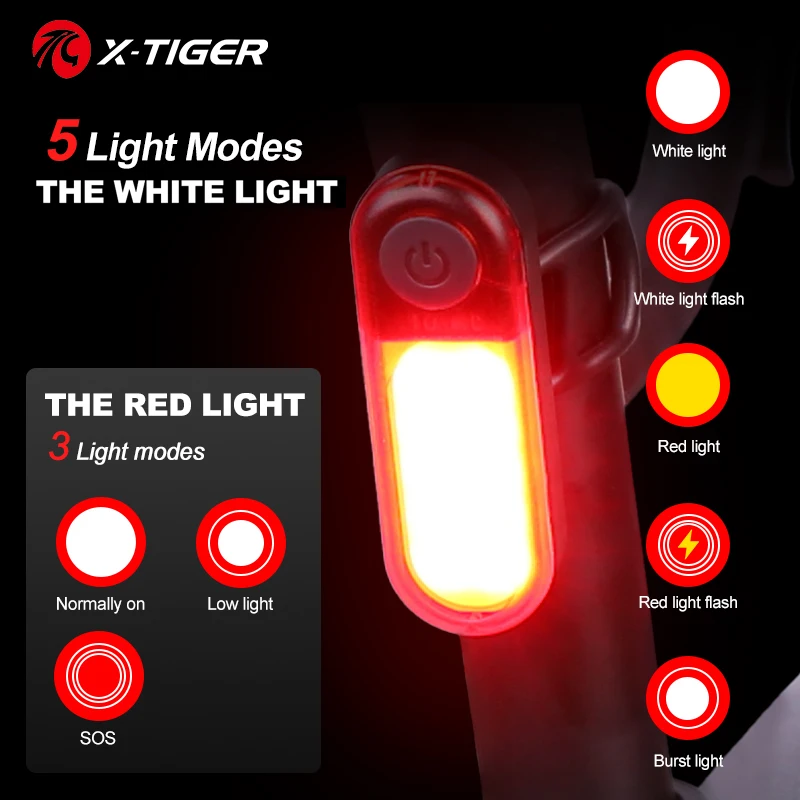 X-TIGER Multi-function Intelligent Tail Light Red White Light 240° Wide-angle Bicycle Lights Bike Rear Lamp For Seat Tube Helmet