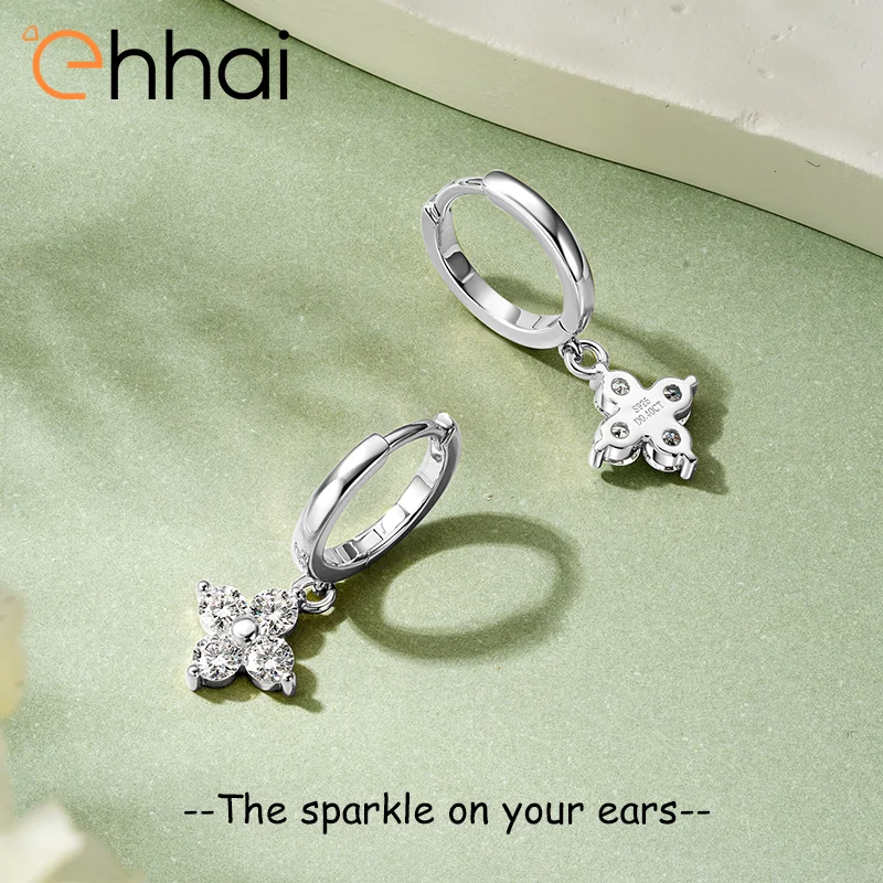 Ehhai معتمد 3 مللي متر مويسانيتي مستدير أربع أوراق البرسيم هوب أقراط للنساء S925 فضة غرامة مجوهرات هدايا Pendientes