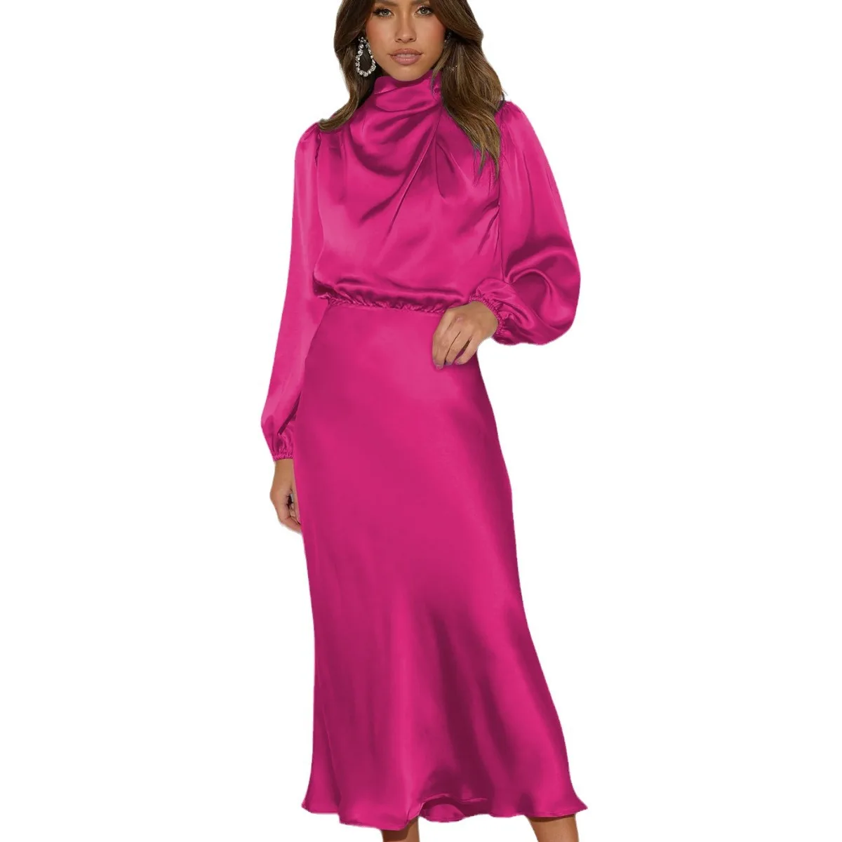 프랑스 디자인 드레스 모델 넥 롱 슬리브 드레스 새틴 셀럽 우아한 이브닝 드레스 2025 봄 여름 여성 의류