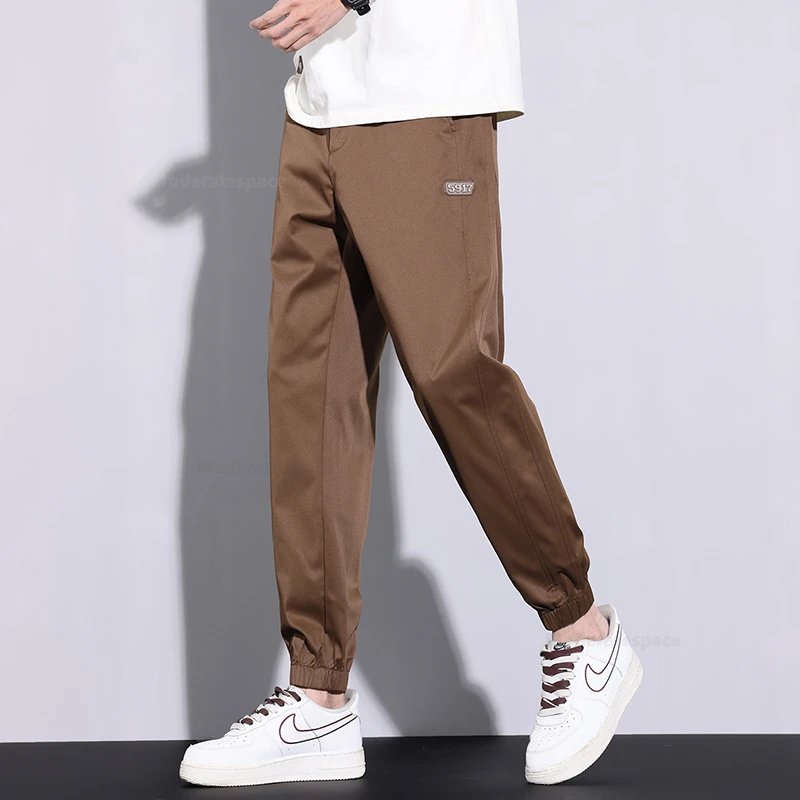 Verão novas calças finas masculinas cintura elástica moda jogging sweatpants baggy casual verde café masculino carga