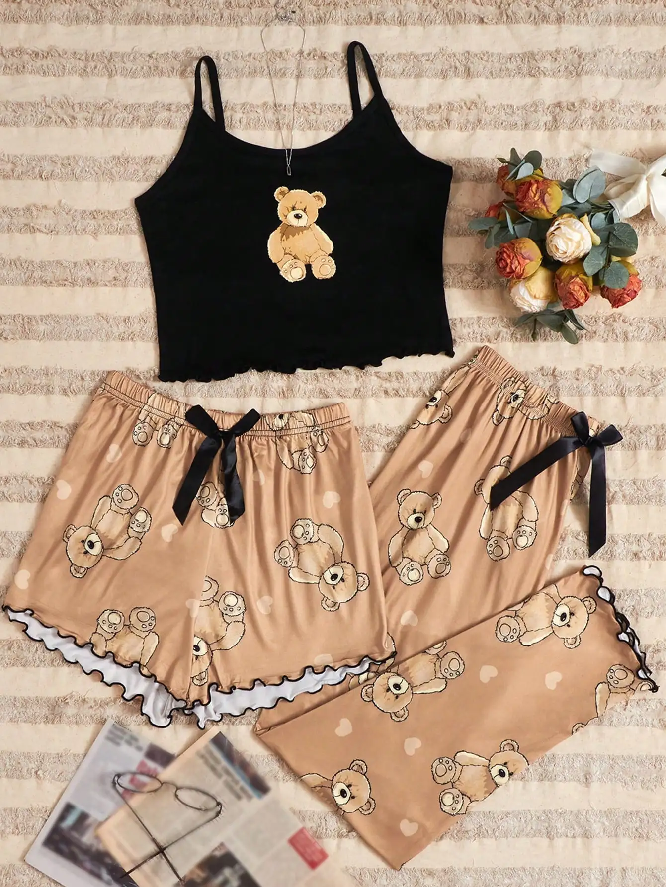 

Black Cami Top with Bear Graphic & Beige Shorts/Pants Pajama Set