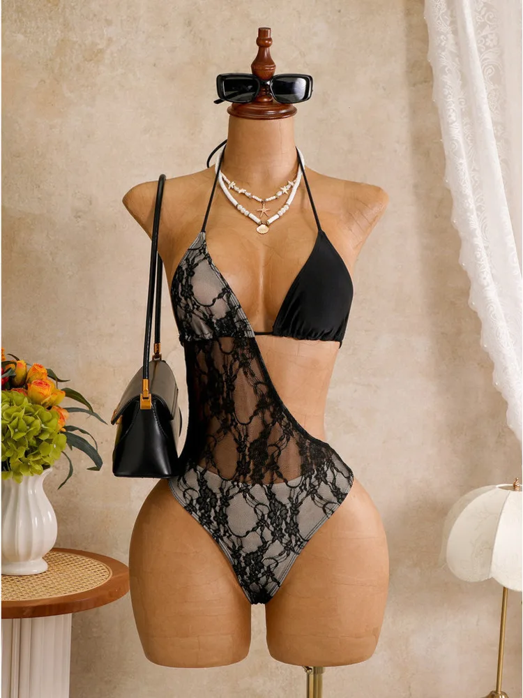 2026 New Women's Lace Sheer One-piece Swimsuit Female Summer Sexy Tie-up Beach Bikini Swimwear