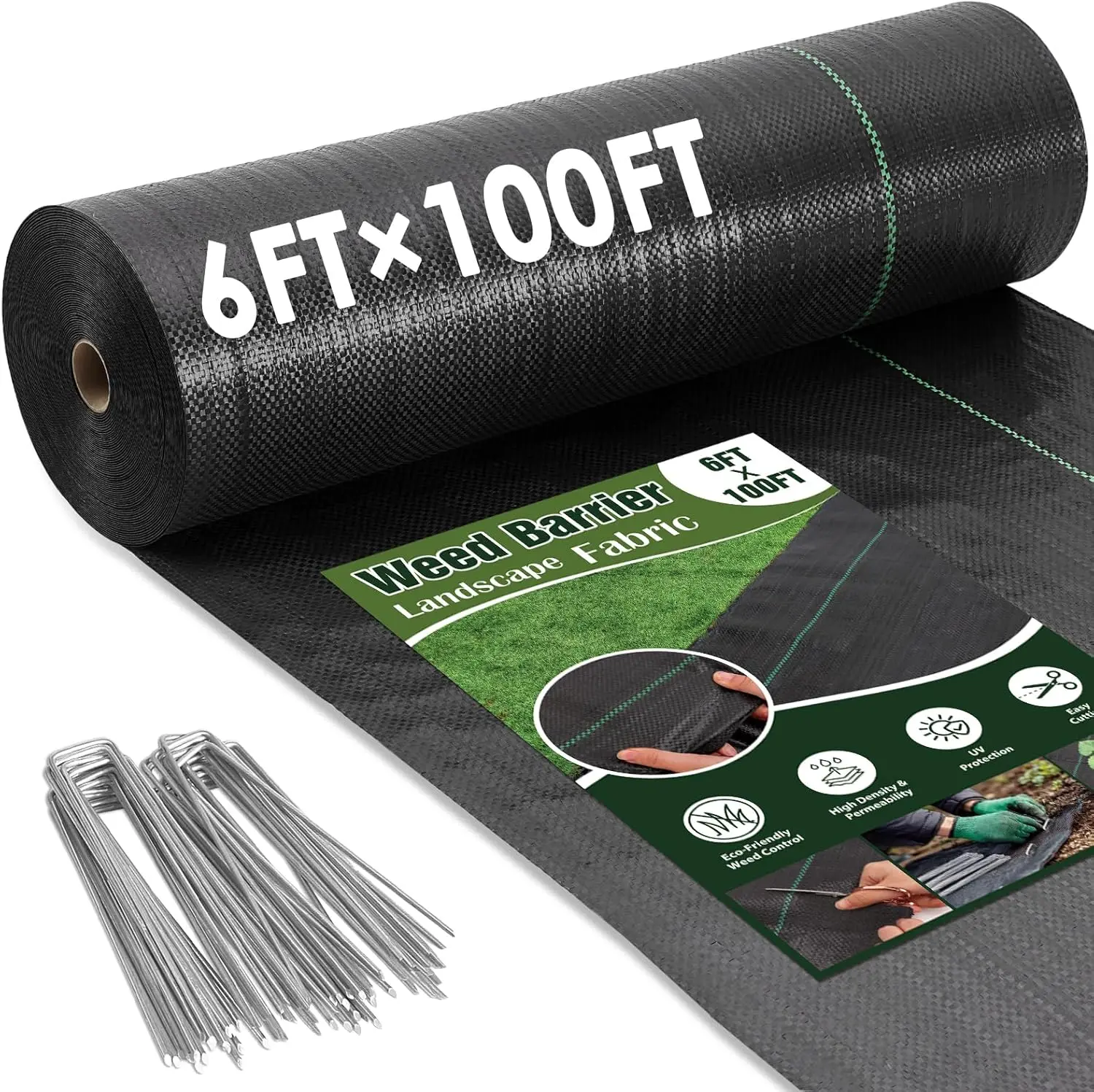 

Ткань для борьбы с сорняками 6 футов x 100 футов, ландшафтная ткань для защиты от сорняков, сверхпрочная, с 40 U-образными колышками, для сада и огорода