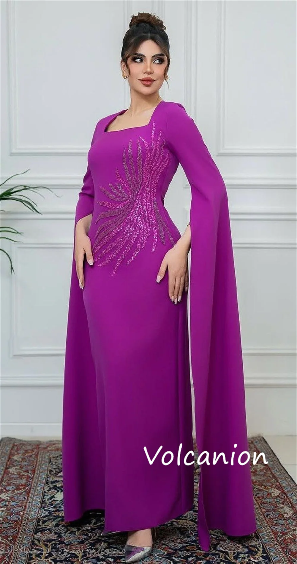 Customized Elegant Jersey Sequined A-line Square Neck Midi Dresses Bespoke Occasion High Quality Simple