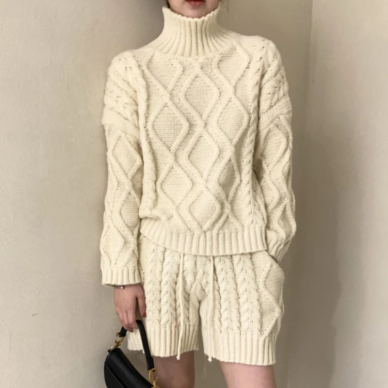 Vintage Twist Knitting Sets Turtleneck Knitted Sweater Tops High Waist Drawstring Lace-up Knitted Shorts Autumn Casual Knit Sets