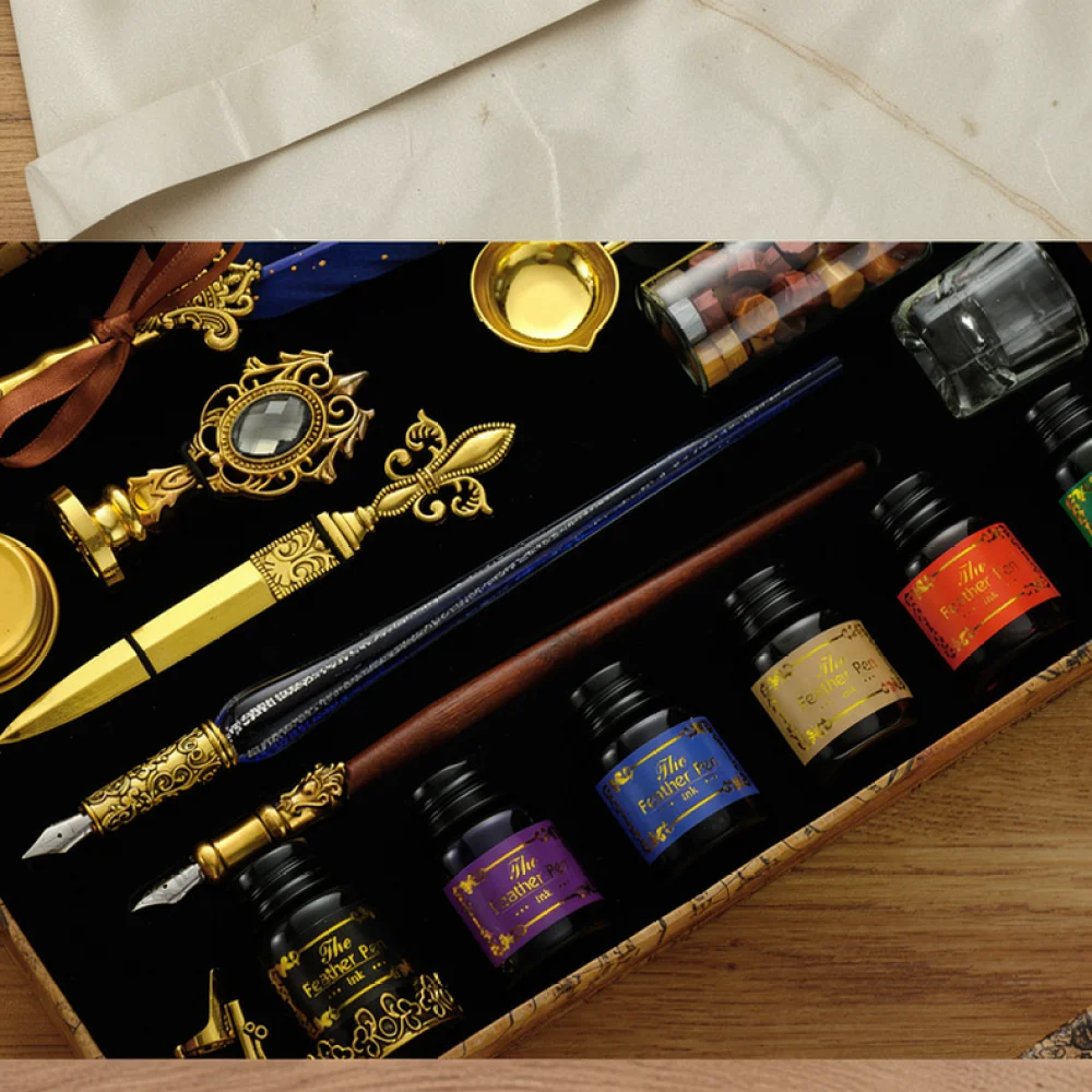 Elegant Quill Pen Set Gold Powder Decoration Dip Ink Pen Vintage Writing Instruments Luxury Stationery Gift Set Box