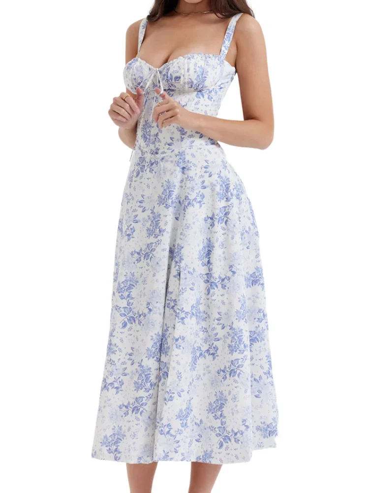 

Elegant Sexy Sweet Flowers Fairy Dress Vintage Elegant High Split Floral Dress Casual Slim Slit Sleeveless Dress Vestidos