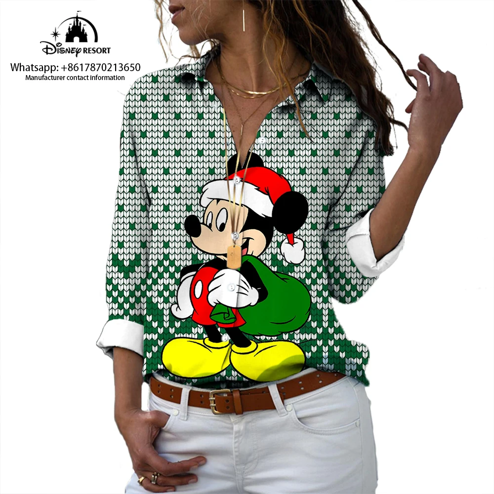 Mickey Minnie feminino desenho animado estampado camisa de lapela manga longa, rua de Natal Fashion, personalidade camisa casual, novo, 2024