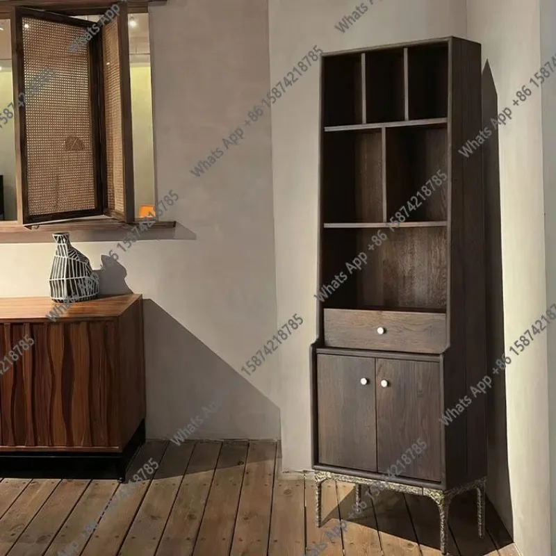 X65 Nordic Retro Solid Wood Oak Edge Cabinet Bookcase Display Cabinet Designer Light Luxury Wine Cabinet