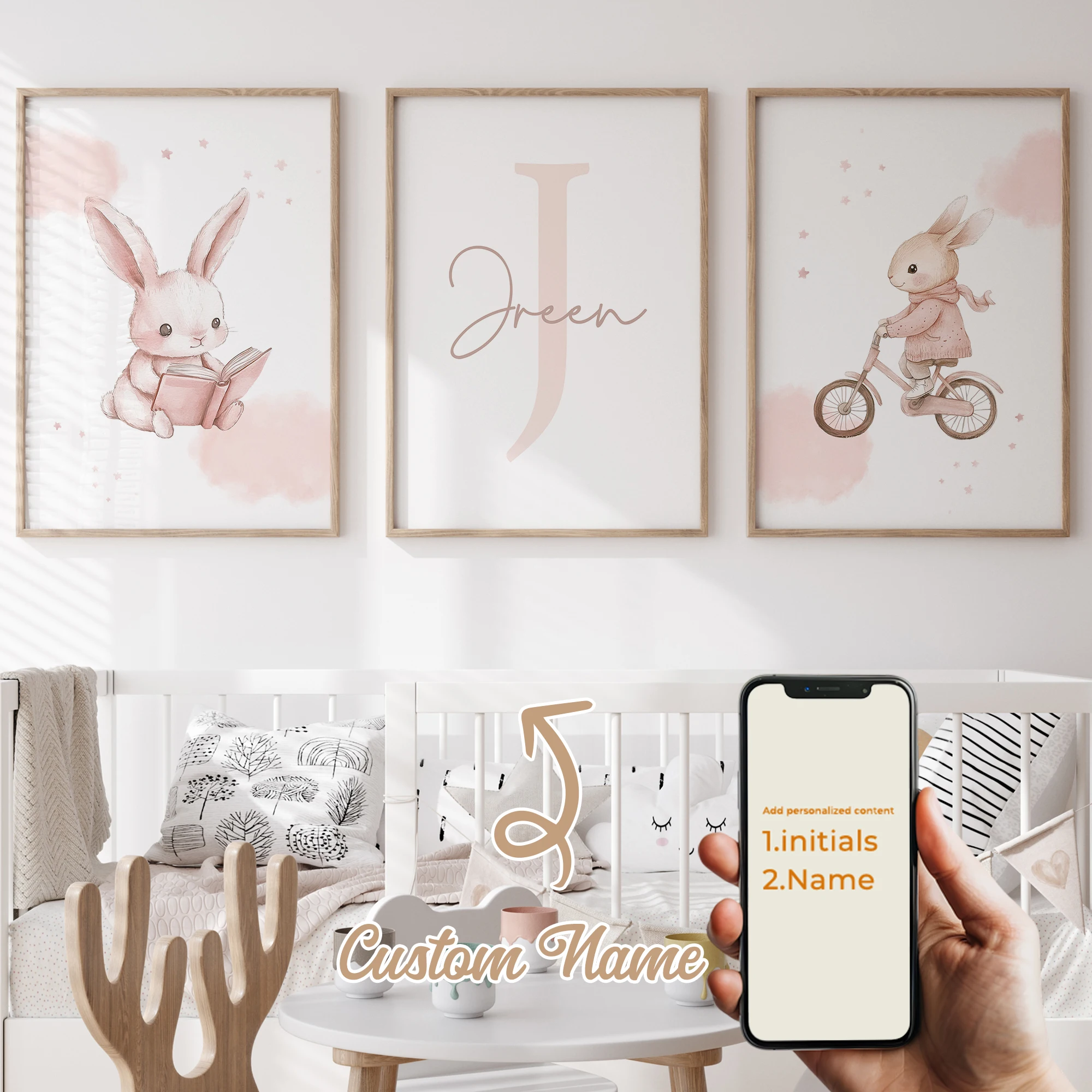 

3pcs Personalized Custom Name Cartoon Pink Rabbit Wall Art Print Picture Canvas Poster Painting For Living Room Home Decor Gift