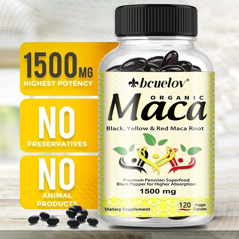 Organic Maca Root 120 Capsules - Black, Yellow and Red Maca Root Gelatinized 100% Natural Non-GMO Helps Endurance, Energy, Mood