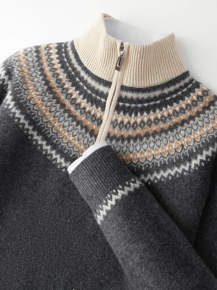 TLOML New Men 100% Merino Wool Sweater Faire Isle Jacquard Thick Zipper Pullover Autumn Winter Cashmere Knitwear Soft Warm Tops