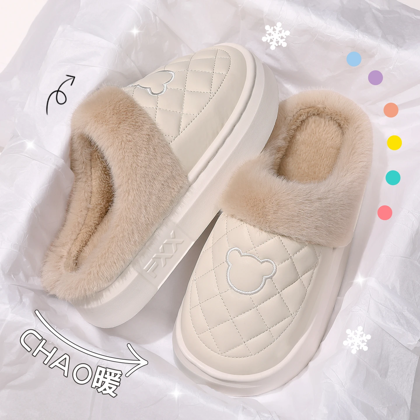 Herren Damen Winter Warme Hausschuhe Wasserdichte Plattform Dicke Sohle Fell-Slides Gemütliche Plüsch Rutschfeste Weiche Indoor Outdoor Baumwoll-Mules – Detail 4