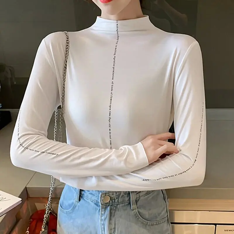 ECR Solid Sexy Slimming T Shirt For Women Turtleneck Long Sleeve Minimalist Casual Pullover Tops Female Clothing Fashion Style