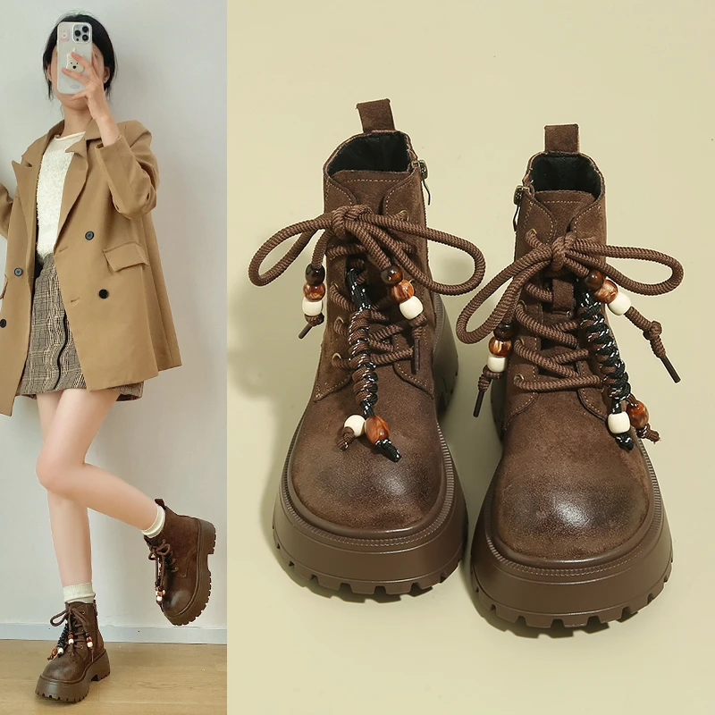 أحذية نسائية عالية الكاحل، أحذية جلدية كاجوال متعددة الأغراض على الطراز البريطاني متعددة الأغراض لزيادة الارتفاع #1