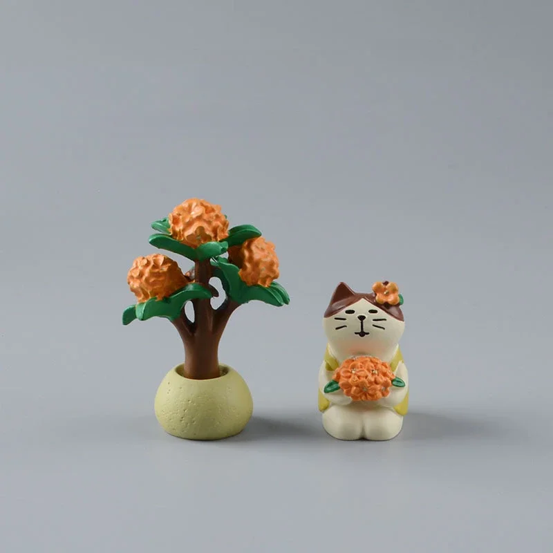 Zakka Cute Cat Osmanthus Tree Persimmon Figurines Decor Cartoon Desktop Home Crafts Fairy Garden Mini Ornaments Accessories Gift