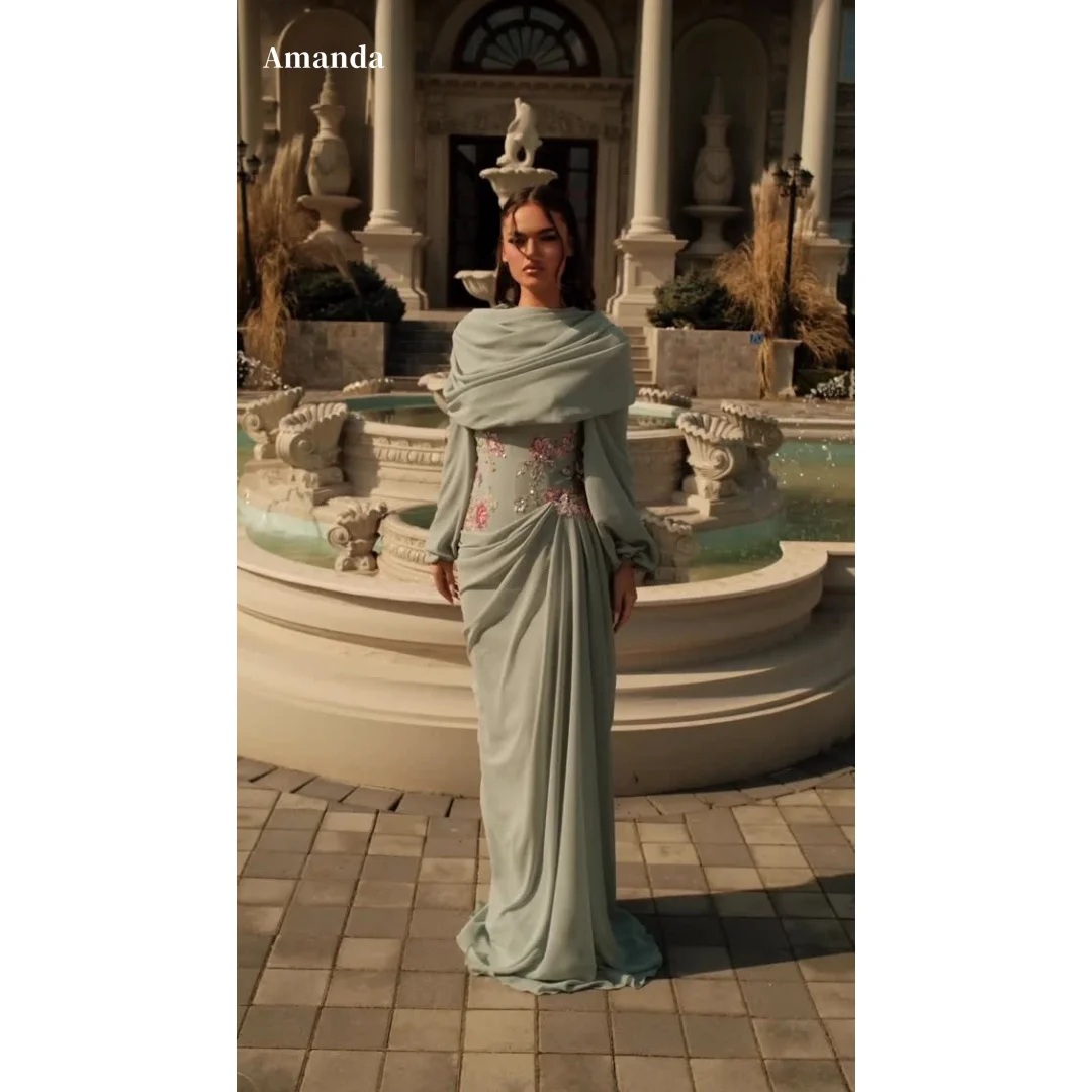 Amanda Customized Sage Green High Neck Draped Chiffon Mermaid Formal Evening Prom Dress with Floral Embroidered Waist Gwon 2026