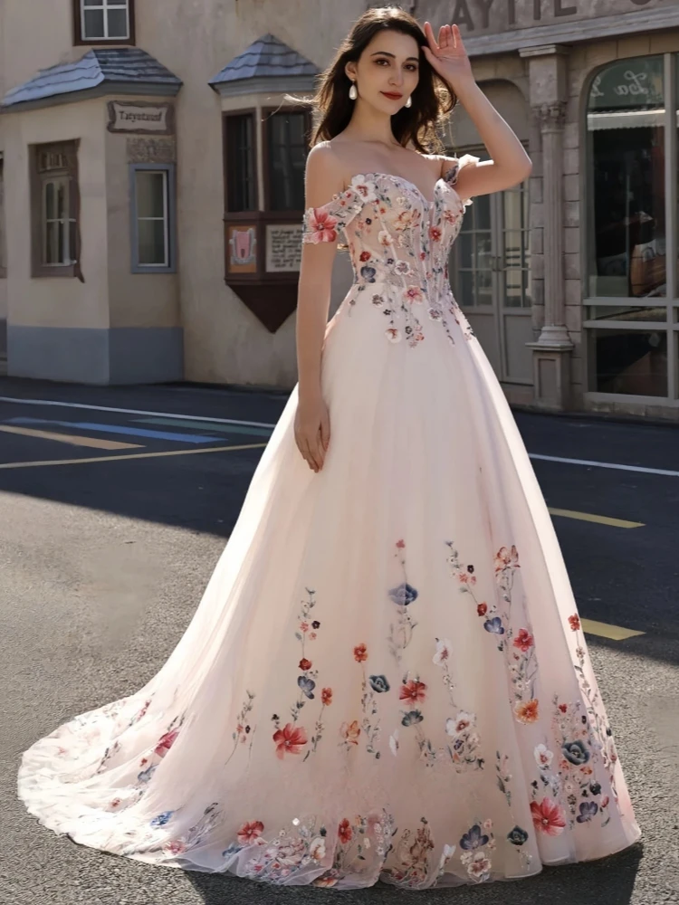 Fairy V-neck Tulle Wedding Dresses Colorful Flowers Appliques Sweep Train Civil Bridal Gown Off Shoulder vestido de novia