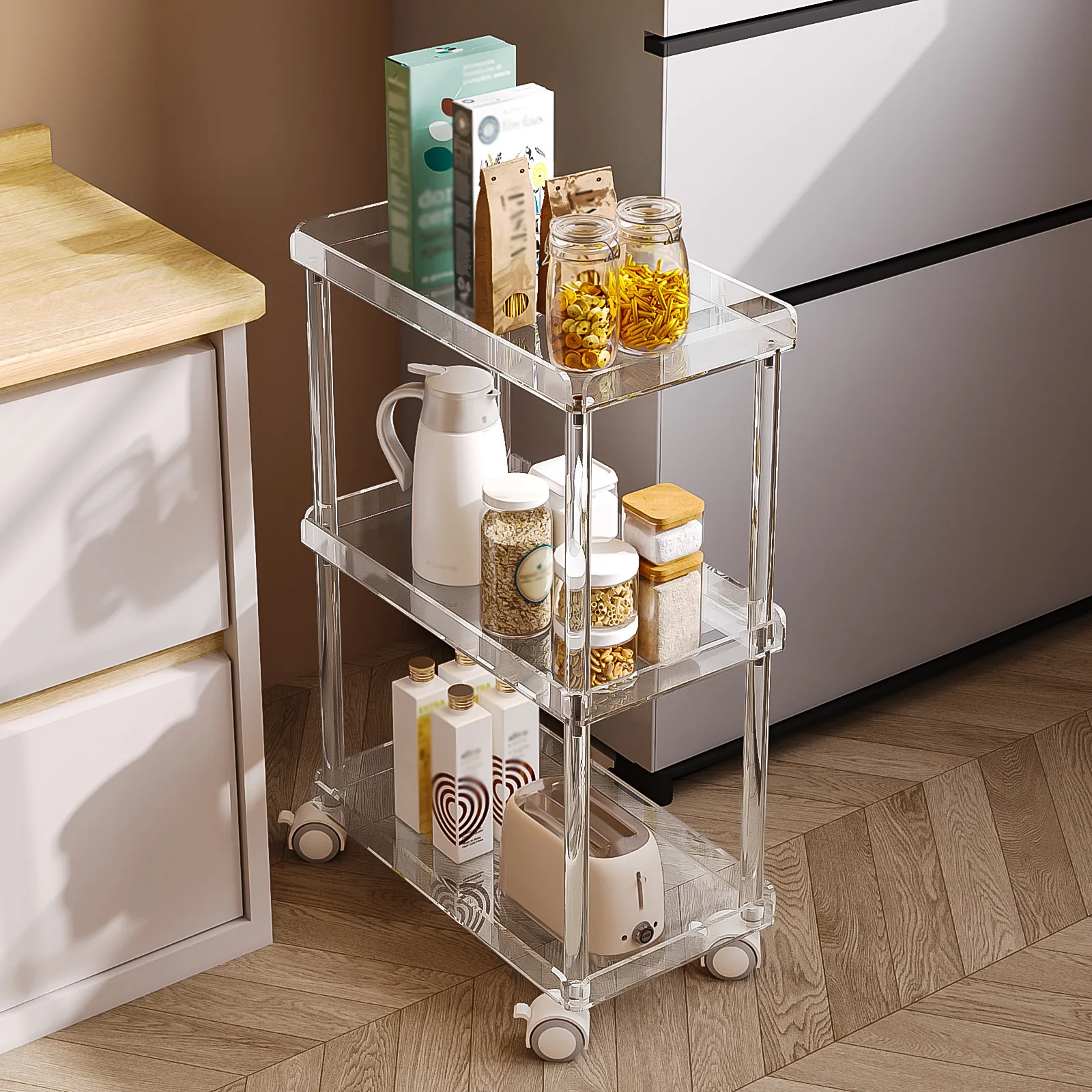 

Warmeu acrylic coffee table living room three-layer wheeled mobile cart Nordic minimalist snack storage rack