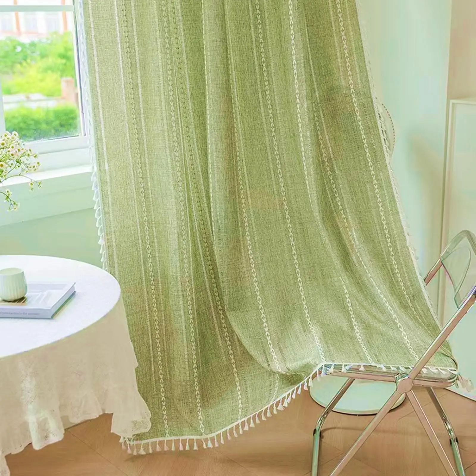 Boho Curtains for Bedroom Living Room, Light Filtering French Country Farmhouse Vintage Chic Tassels Window Treatment, 1 Panel