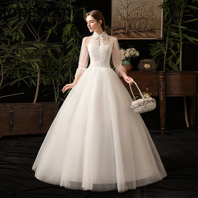 

Topenomi Wedding Dresses Korean Style Stand Collar Three Quarter Sleeved Slim Fit Bridal Gowns Vintagelace Up Evening Dresses