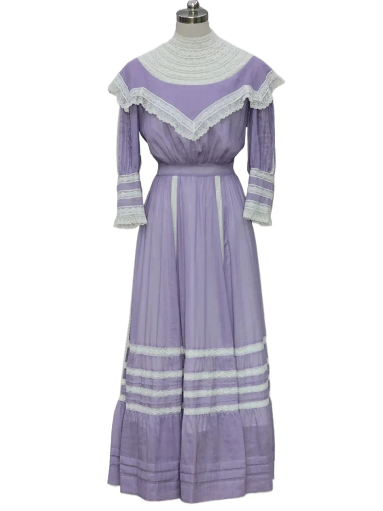 92-108cmBust SpringAutumn Maxi Dresses Women Vintage Edwardian ElegantSlimming Purple Dress with Lace Cutout  Ramie Cotton Dress