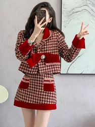 Houndstooth French Sweet Fall Winter Pink Tweed Two Piece Set Women O Neck Bowknot Single Breasted Short Coat + Mini Skirt Suit