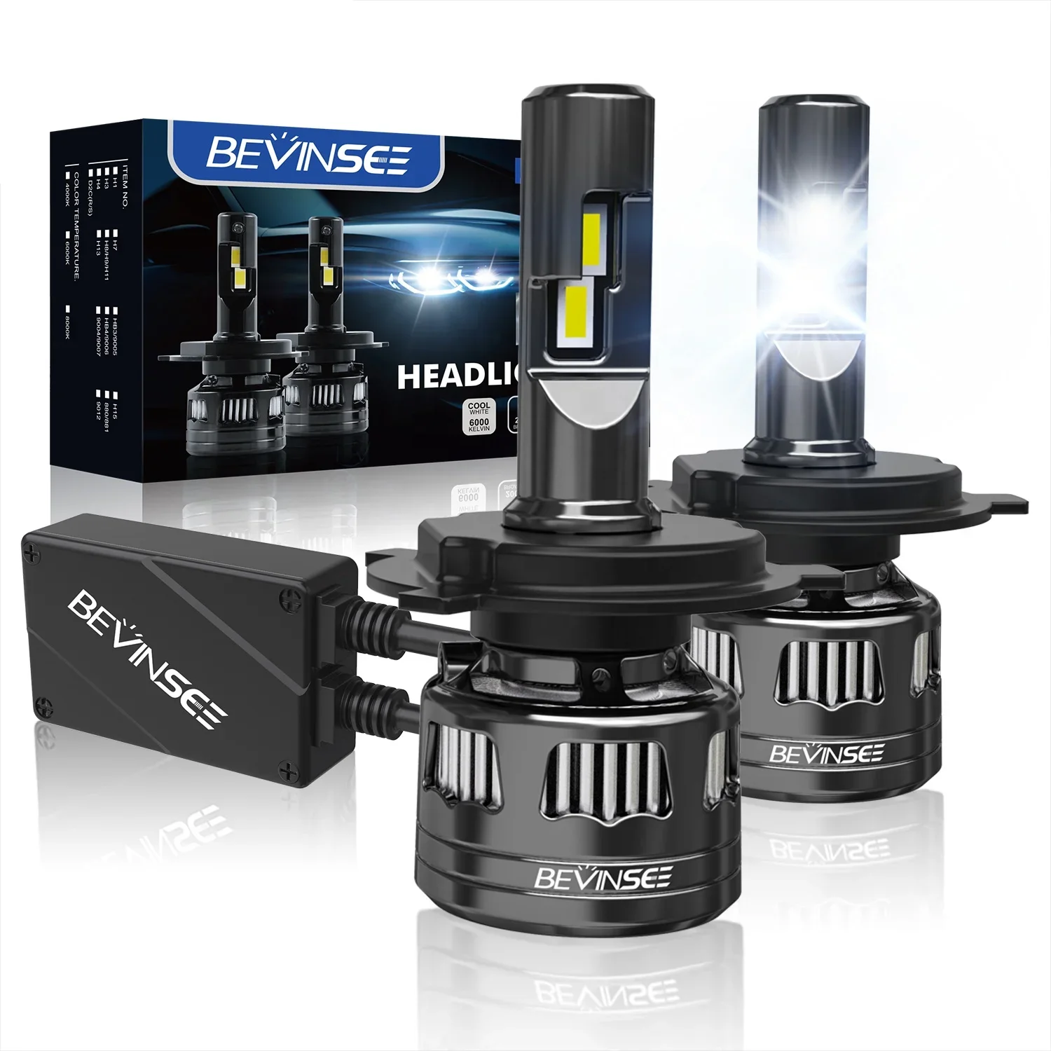 BEVINSEE 2x V45 H4 9003 HB2 Vehicle Lamp Conversion Kit Hi/Low Beam 6500K 22000LM LED Car Headlight Bulbs