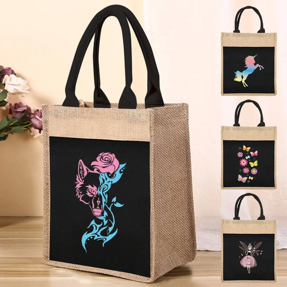 

Black Shopping Bags Reusable Linen Tote Bag Women's One-shoulder Tote Bag Color Pattern Print for Grocery Shopping Tote