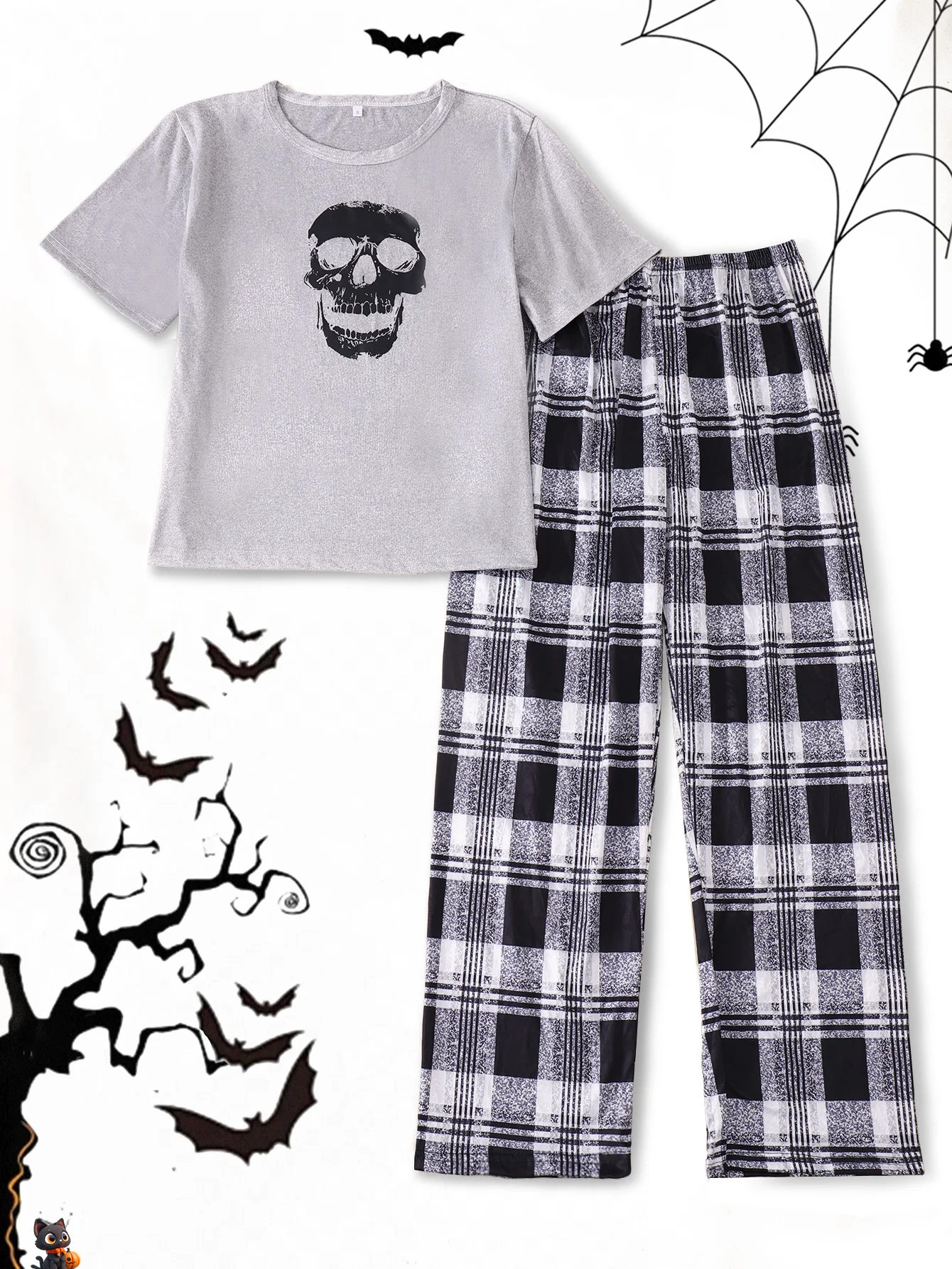 2pcs Women Pajama Sets Halloween Skull Print Crew Neck Short Sleeve T-shirt & Pants Ladies Comfy Homewear Pjs Sets