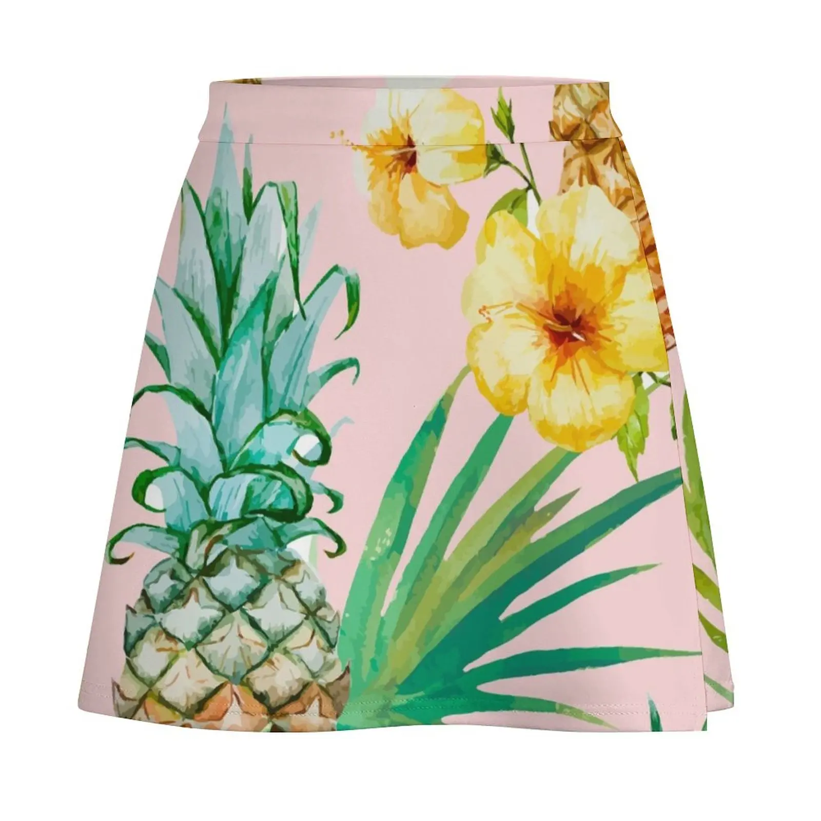 Hawaii Vintage Tropical Botanical Jungle Floral Watercolor Blush Pastel Pineapple Palm Painting Mini Skirt