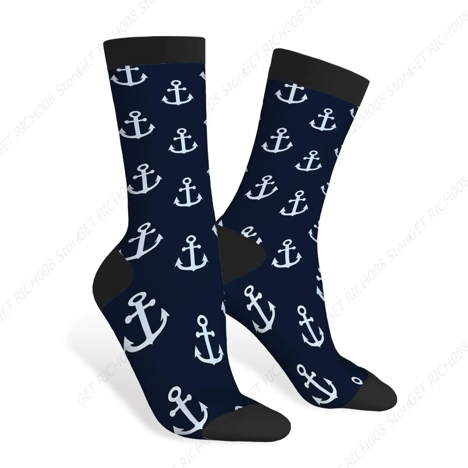 Anchors Funny Socks Symbol Boat or Ship Blue Nautical Anchor Hook Marine Cruise Novelty Casual Crew Socks Contrast Color Design