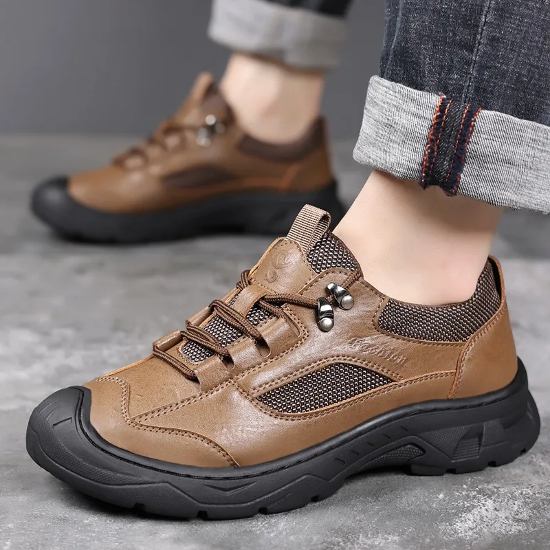 Spring Autumn Leather Outdoor Climbing Shoes for Men Designer Soft-soled Anti-slip Men\'s Shoes Fashion Casual Sneakers Male