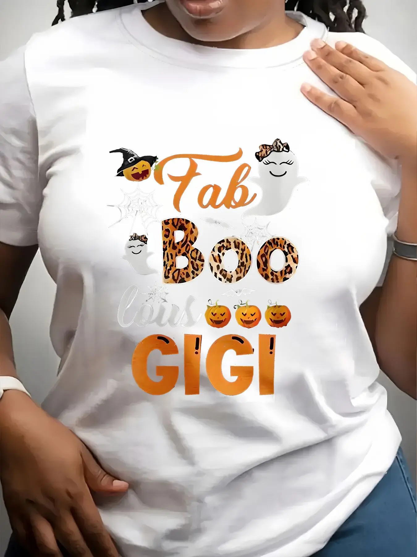 Women's Trendy Crew Neck T-Shirt Fab Boo Gigi Halloween Design Suitable for Casual Sportswear