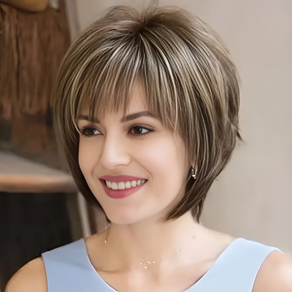 

Женский модный короткий парик из синтетического волокна смешанного коричневого цвета, подходит для повседневной носки, вечеринок и Хэллоуина.