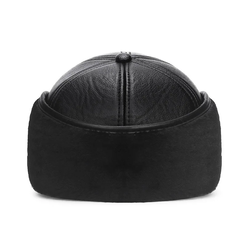 New Winter Bomber Hat Men Women Russian Black Leather Ushanka Cap With Ear Flaps Fur Warm Leather Brand Baseball Cap