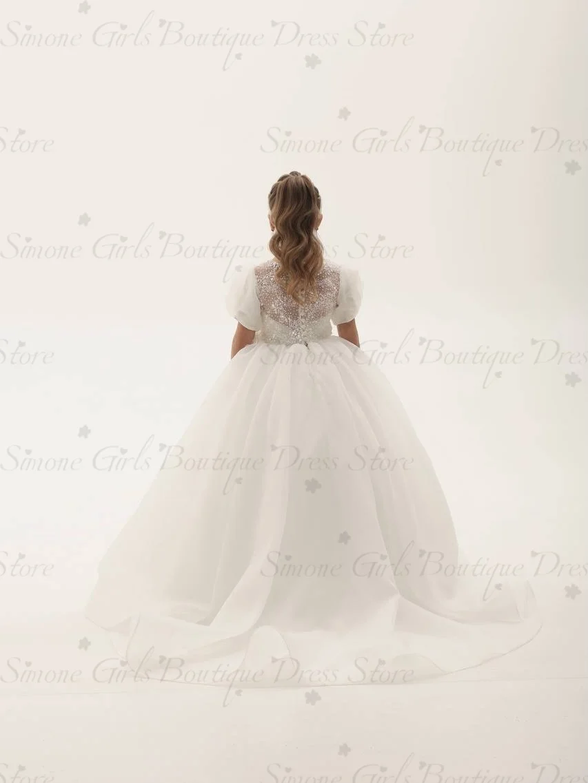 Customized White Flower Girl Dress For Wedding Bowknot Short Sleeve Satin Floor Length Kids Birthday First Communion Gown