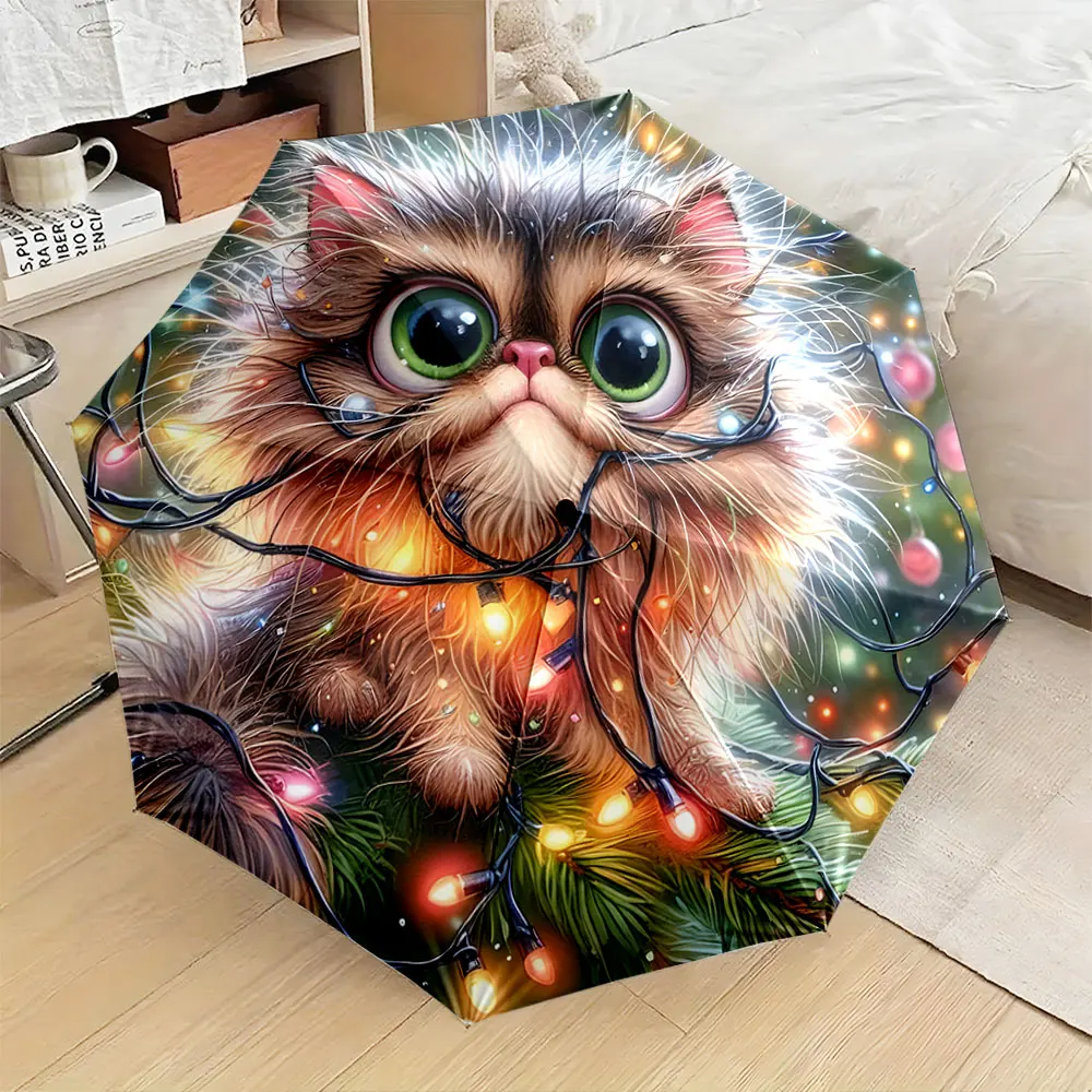 1PC Whimsical Cat Printed Umbrella with Festive Lights Print 8 Iron Ribs Folding Umbrella Auto-Open Fashion Sunshade