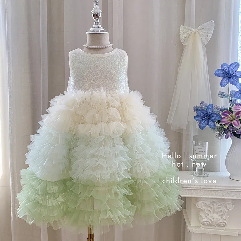 Girls Princess Dress Sleeveless Summer 2026 New Children Light Luxury High-end Dress Girls Sequin Mesh Dress