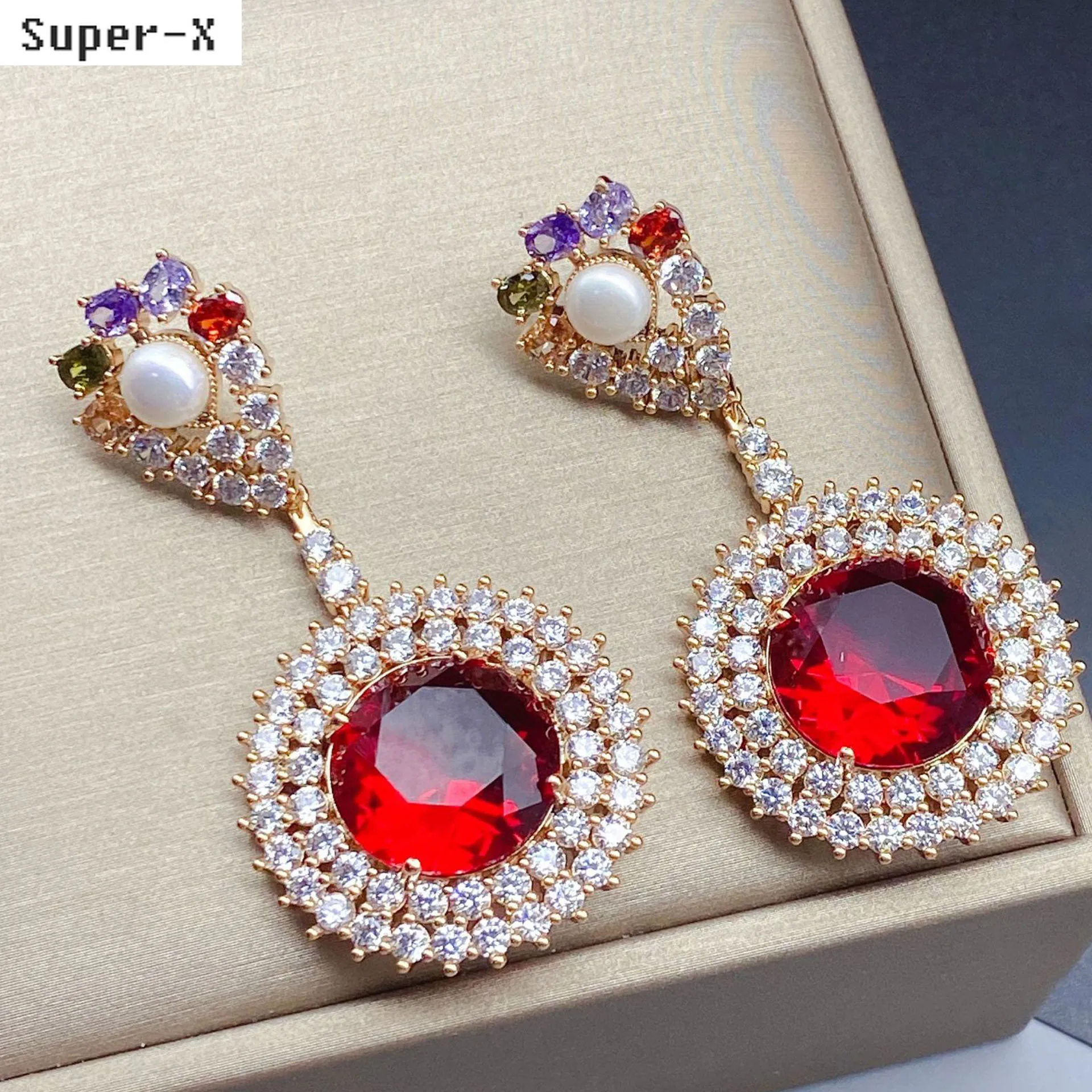 

Red Blue Round Pendant Earrings for Women Luxury Jewelry Copper Shiny Zircon Long Earrings Evening Party Wedding Gift