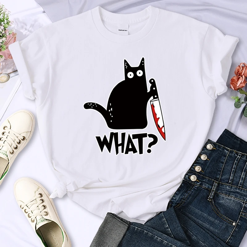 Street Hip Hop Tops Kitchen Knife Black Cat What Print Tees Female Short Sleeve Fashion Breathable T-Shirts Summer Cool  Clothes